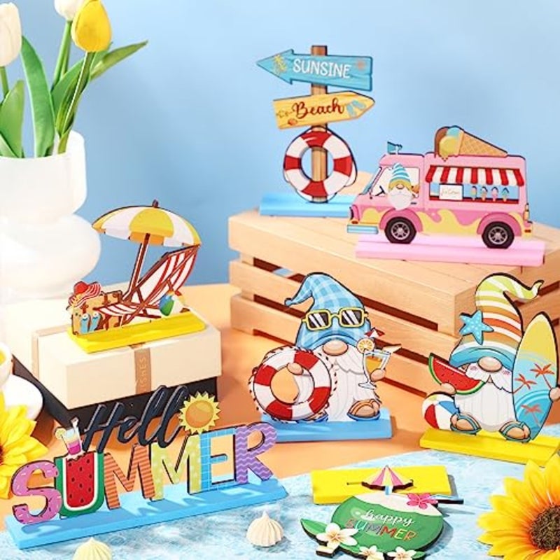 7 Pieces Hello Summer Table Decoration Sign Wooden Centerpieces Beach Gnome Wooden Decor for Farmhouse Summer Beach Home Table Tiered Tray Decor - Image 4
