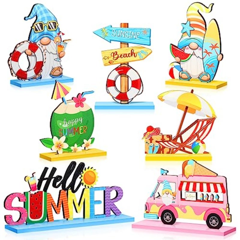 7 Pieces Hello Summer Table Decoration Sign Wooden Centerpieces Beach Gnome Wooden Decor for Farmhouse Summer Beach Home Table Tiered Tray Decor - Image 1