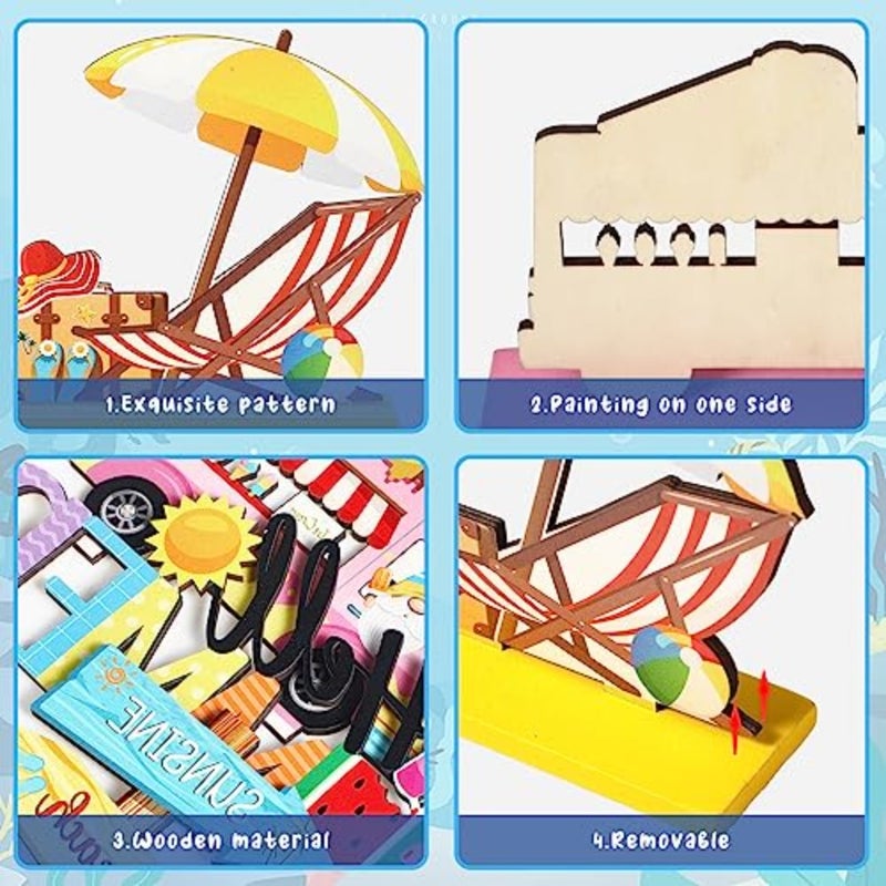 7 Pieces Hello Summer Table Decoration Sign Wooden Centerpieces Beach Gnome Wooden Decor for Farmhouse Summer Beach Home Table Tiered Tray Decor - Image 3