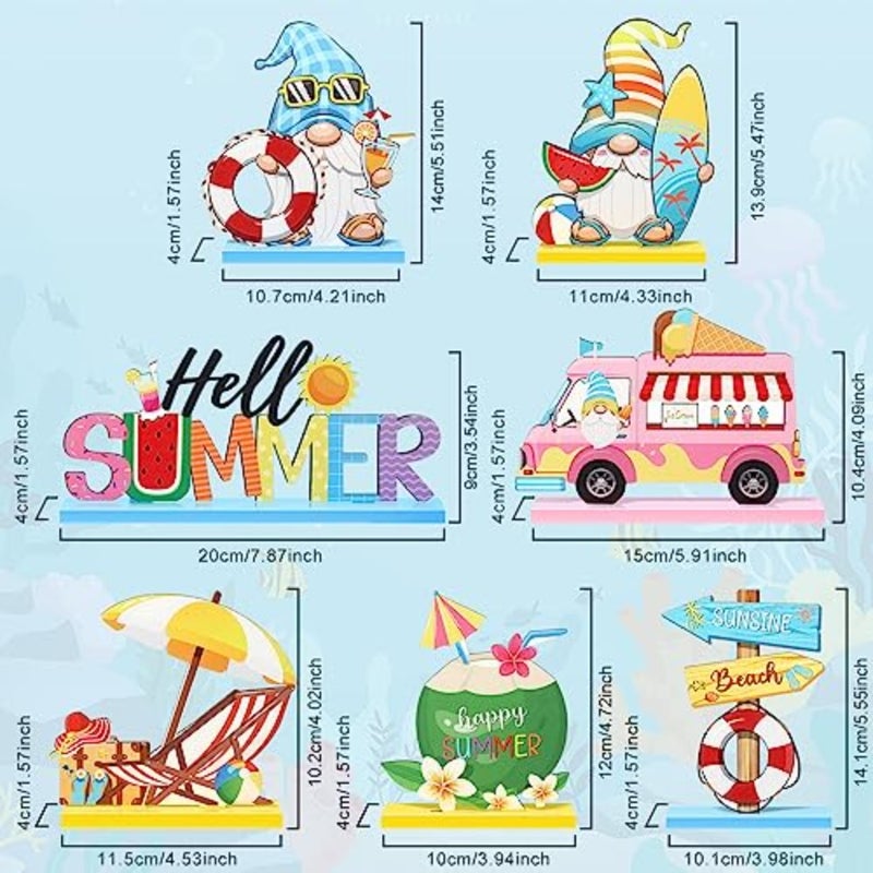 7 Pieces Hello Summer Table Decoration Sign Wooden Centerpieces Beach Gnome Wooden Decor for Farmhouse Summer Beach Home Table Tiered Tray Decor - Image 2