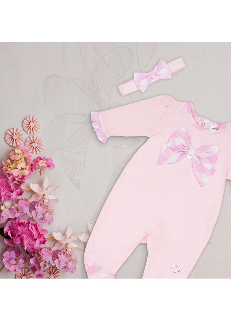 Moon بدلة نوم قطنية 100% مع رباط رأس 0-1 شهر باللون الوردي - مربعات وردية - Image 5