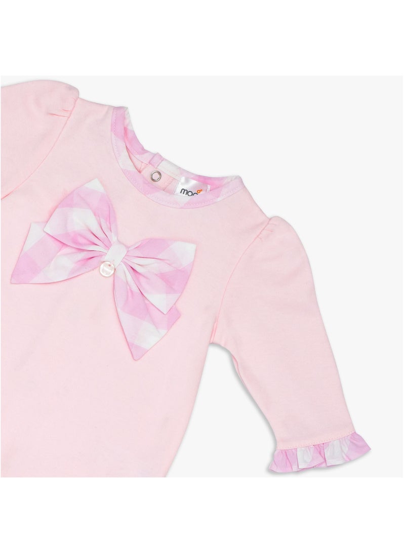 Moon بدلة نوم قطنية 100% مع رباط رأس 0-1 شهر باللون الوردي - مربعات وردية - Image 3