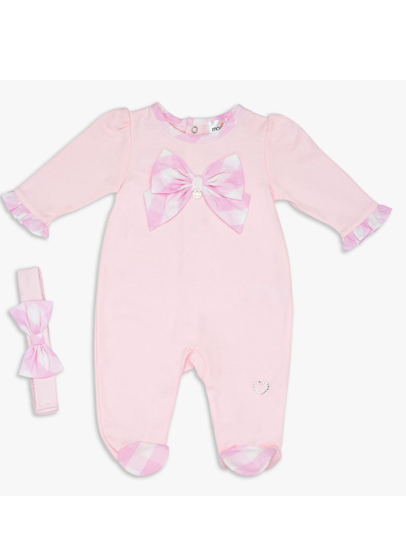 Moon بدلة نوم قطنية 100% مع رباط رأس 0-1 شهر باللون الوردي - مربعات وردية - Image 1