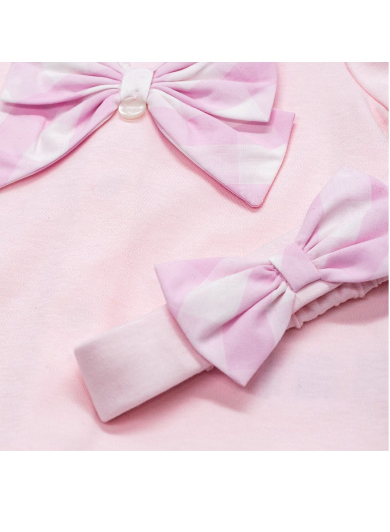 Moon بدلة نوم قطنية 100% مع رباط رأس 0-1 شهر باللون الوردي - مربعات وردية - Image 4