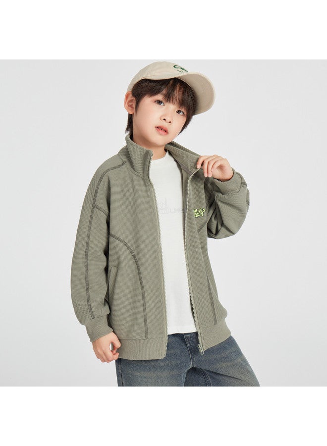 BOY جاكيت بياقة واقفة S، أسلوب الربيع والخريف، سترة رياضية غير رسمية للأطفال، توب محبوك عصرية ومتعددة الاستخدامات للأطفال الأكبر سناً - Image 2