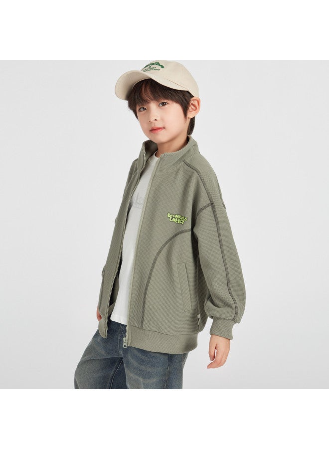 BOY جاكيت بياقة واقفة S، أسلوب الربيع والخريف، سترة رياضية غير رسمية للأطفال، توب محبوك عصرية ومتعددة الاستخدامات للأطفال الأكبر سناً - Image 3