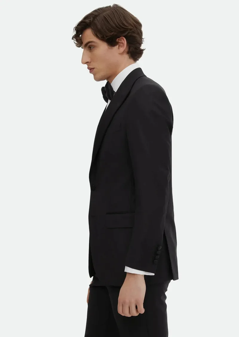 RAMSEY Black Plain Thin&Taller Slim Fit Double Breasted Collar Weaving Tuxedo