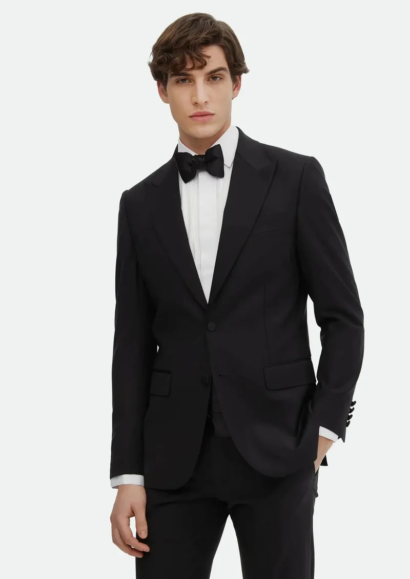 RAMSEY Black Plain Thin&Taller Slim Fit Double Breasted Collar Weaving Tuxedo