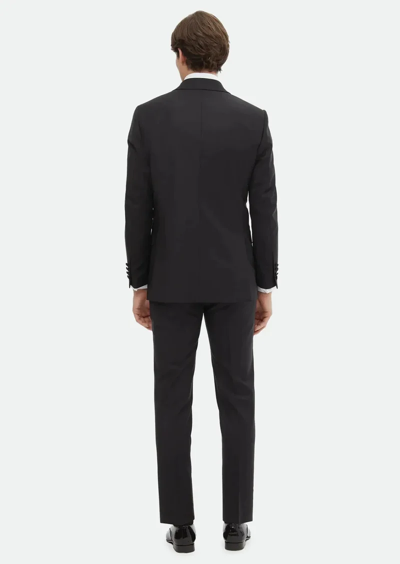 RAMSEY Black Plain Thin&Taller Slim Fit Double Breasted Collar Weaving Tuxedo