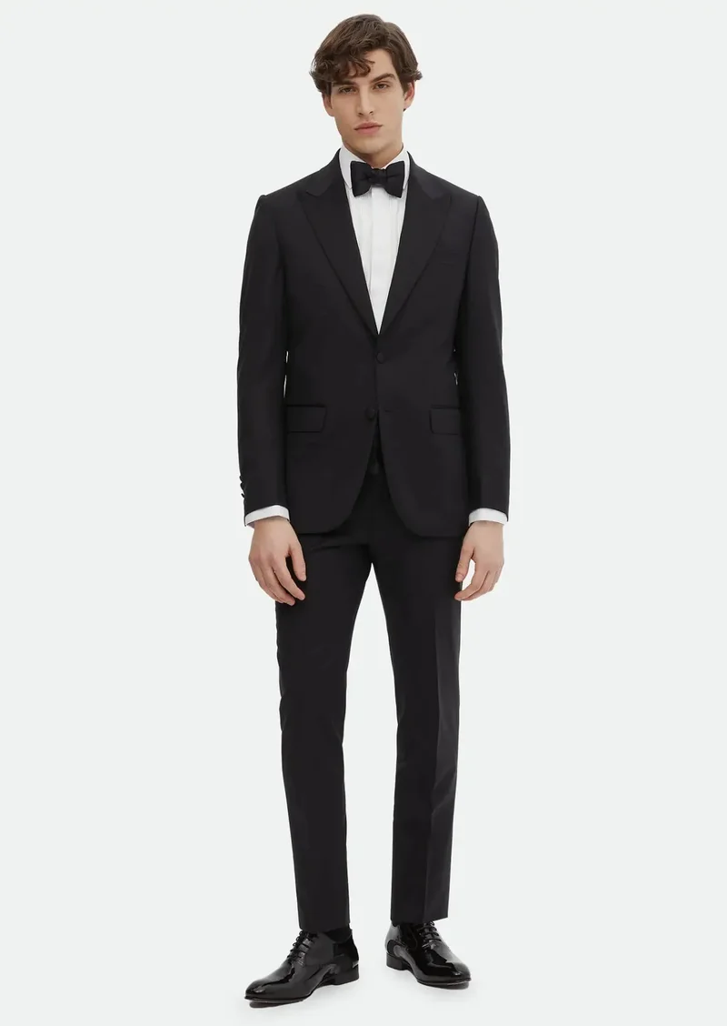 RAMSEY Black Plain Thin&Taller Slim Fit Double Breasted Collar Weaving Tuxedo