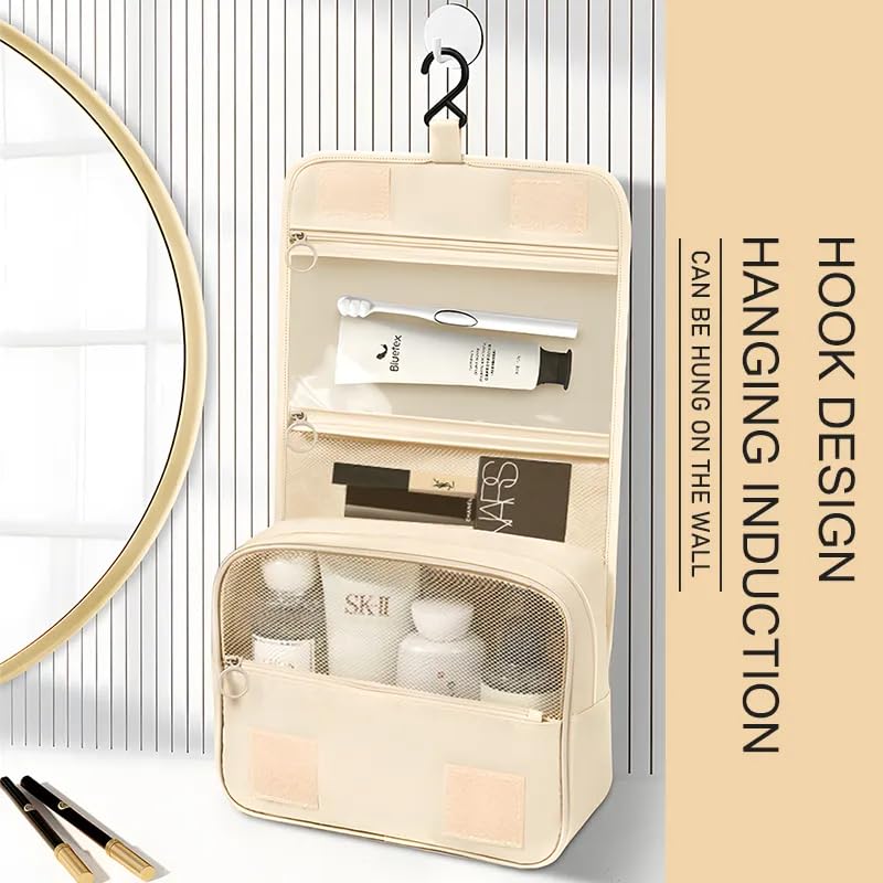 HOUVIDA Large Capacity Travel Cosmetic Bag Transparent Waterproof Portable with Handle and Hanging Hook Multifunctional Bag Makeup Accessories for Women (Beige Color) - Image 3