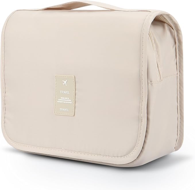 HOUVIDA Large Capacity Travel Cosmetic Bag Transparent Waterproof Portable with Handle and Hanging Hook Multifunctional Bag Makeup Accessories for Women (Beige Color) - Image 1