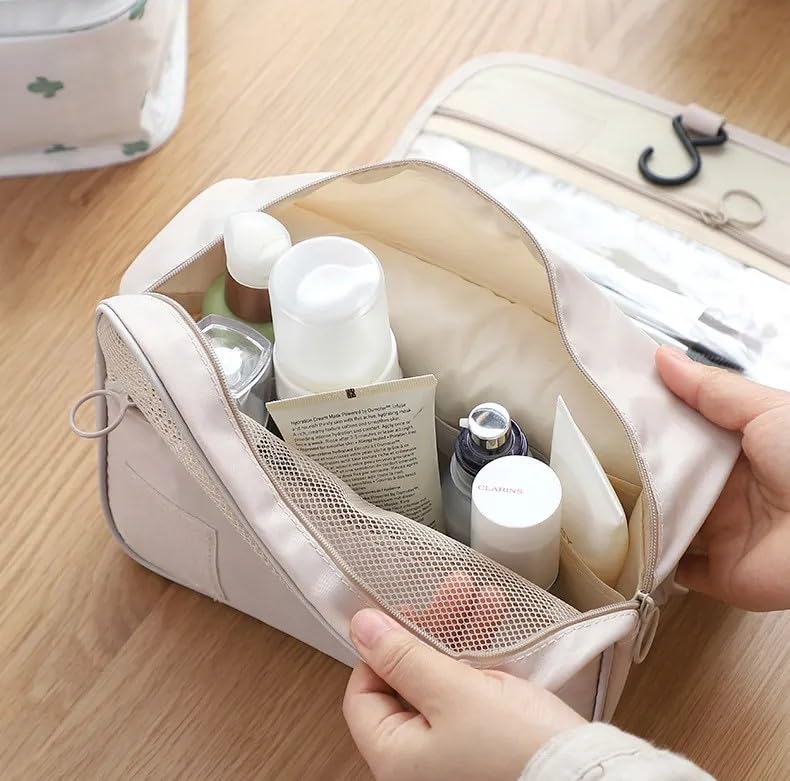 HOUVIDA Large Capacity Travel Cosmetic Bag Transparent Waterproof Portable with Handle and Hanging Hook Multifunctional Bag Makeup Accessories for Women (Beige Color) - Image 4