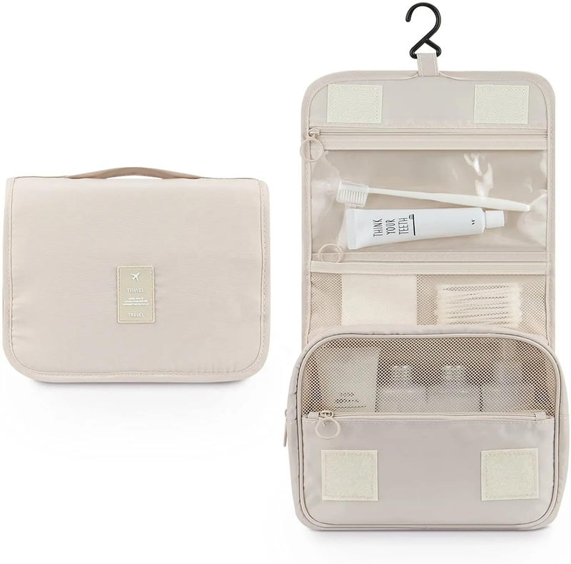 HOUVIDA Large Capacity Travel Cosmetic Bag Transparent Waterproof Portable with Handle and Hanging Hook Multifunctional Bag Makeup Accessories for Women (Beige Color) - Image 2