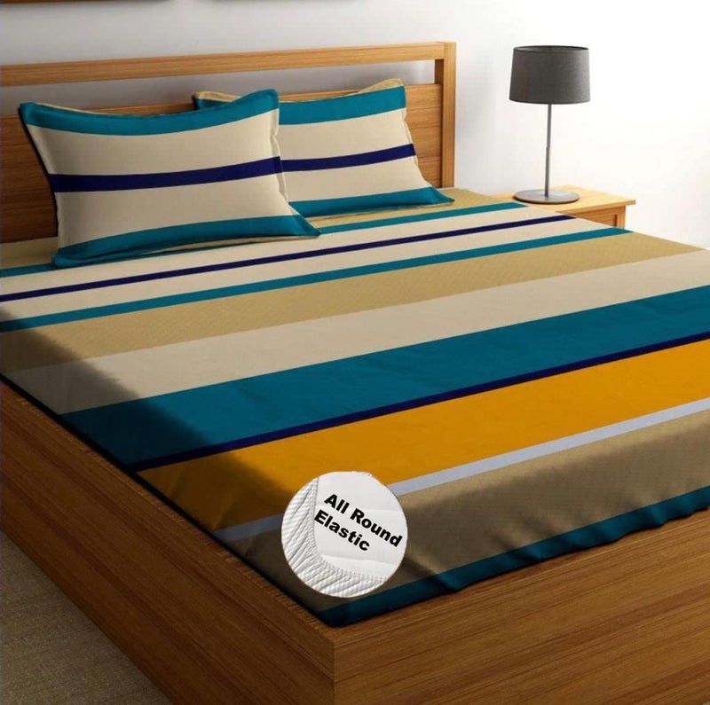 YaAkholic YaAkholic Hypoallergenic King Size Striped Print Microfiber Fitted Bedsheet Set 240 TC Includes 2 Pillow Covers Size 78 x 72 Inches Fits up to 68 Inch Yellow King 78 x 72 