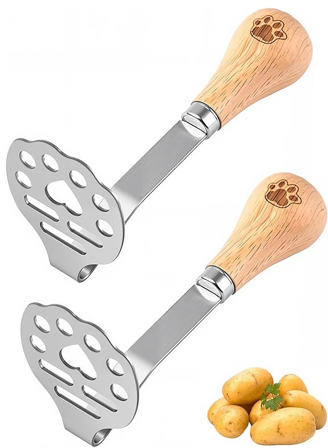 2 قطعة هراسة بطاطس بمقبض خشبي، هراسة أفوكادو صغيرة، هراسة طعام صغيرة مصنوعة من الفولاذ المقاوم للصدأ عالي الجودة، يمكن قلب المقبض ذي القاعدة المسطحة على الطاولة، هراسة أفوكادو - Image 1