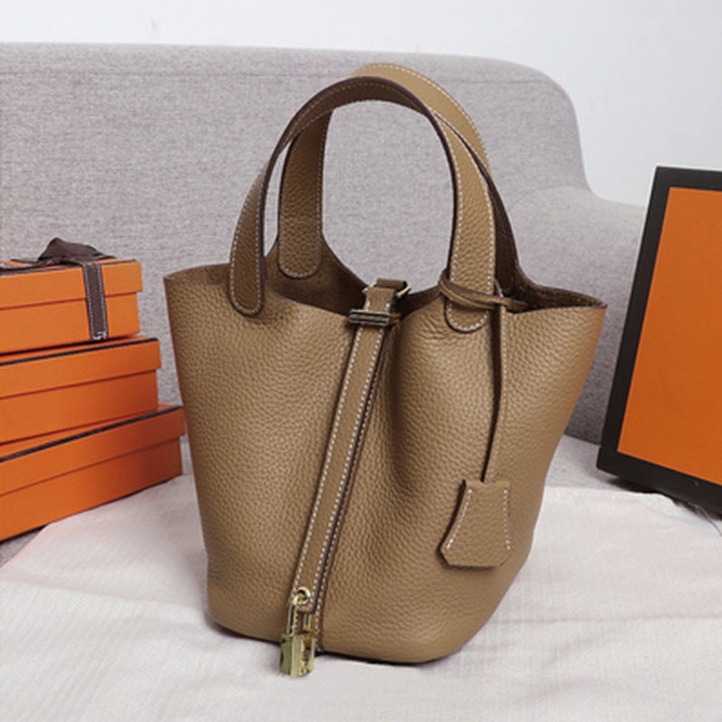 18 Size Gold Buckle Vegetable Basket Bag Genuine Leather Bucket Bag Large Capacity Handbag Hand Bag Crossbody Bag - Image 3