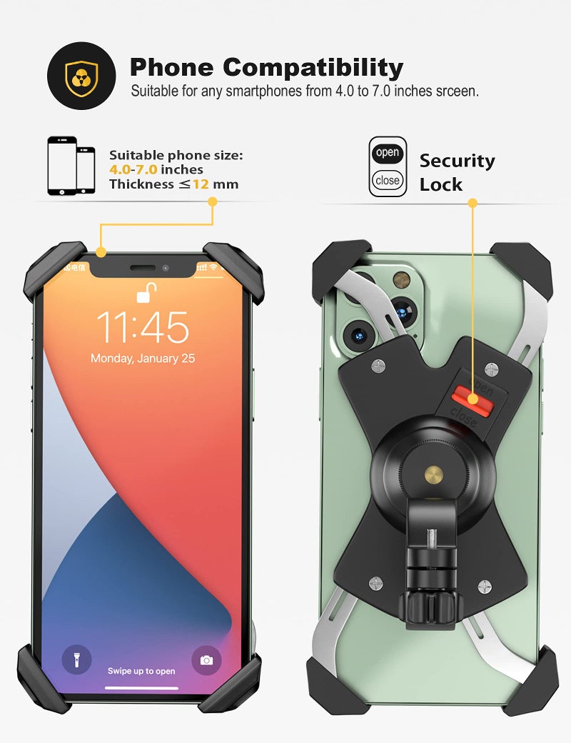 Grefay Bike Phone Mount Metal Motorcycle Handlebar Phone Holder Scooter Phone Clamp for 4.0-7.0 Inch Smartphone with 360° Rotation - Image 3