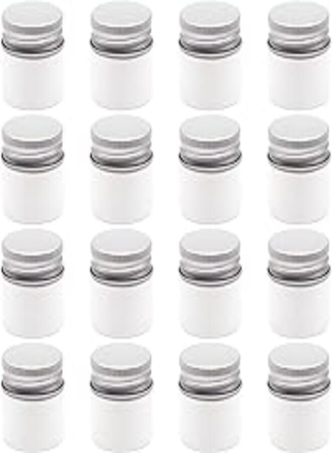 Art 20 Pieces Glitter White Plastic Jar (30ml Size) - Glitter Silver Tone Metal Lid - High Quality Healthy Refill Plastic Empty Storage Jar for Empty Round Tins Storage Jar - By Artistic