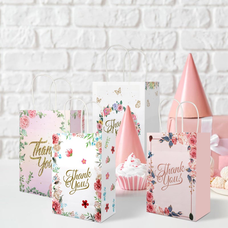 Ethanberg 20Pcs Thank You Gift Bags Floral Design with Handles, 8.2" x 5.8" x 3.15" Thank You Kraft Paper Bags for Business, Boutique, Wedding, Birthday, Party Return Favor - Image 4