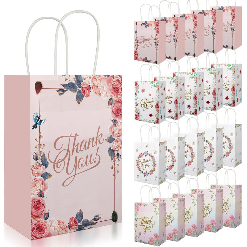 Ethanberg 20Pcs Thank You Gift Bags Floral Design with Handles, 8.2" x 5.8" x 3.15" Thank You Kraft Paper Bags for Business, Boutique, Wedding, Birthday, Party Return Favor - Image 1