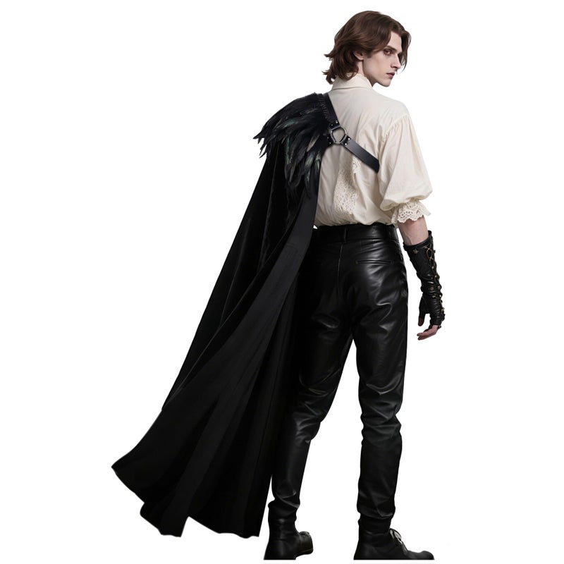 L'VOW Gothic Black Half Cape Renaissance One Shoulder Cloak with Feather Men Women Halloween Cosplay Medieval Costume - Image 1