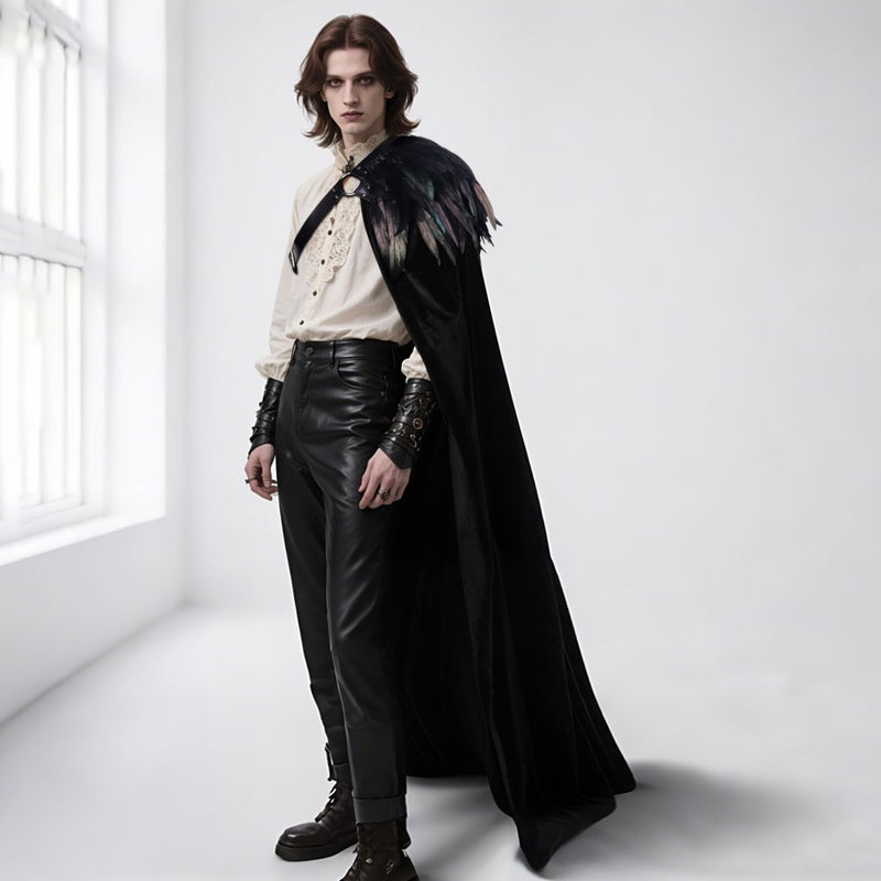 L'VOW Gothic Black Half Cape Renaissance One Shoulder Cloak with Feather Men Women Halloween Cosplay Medieval Costume - Image 2