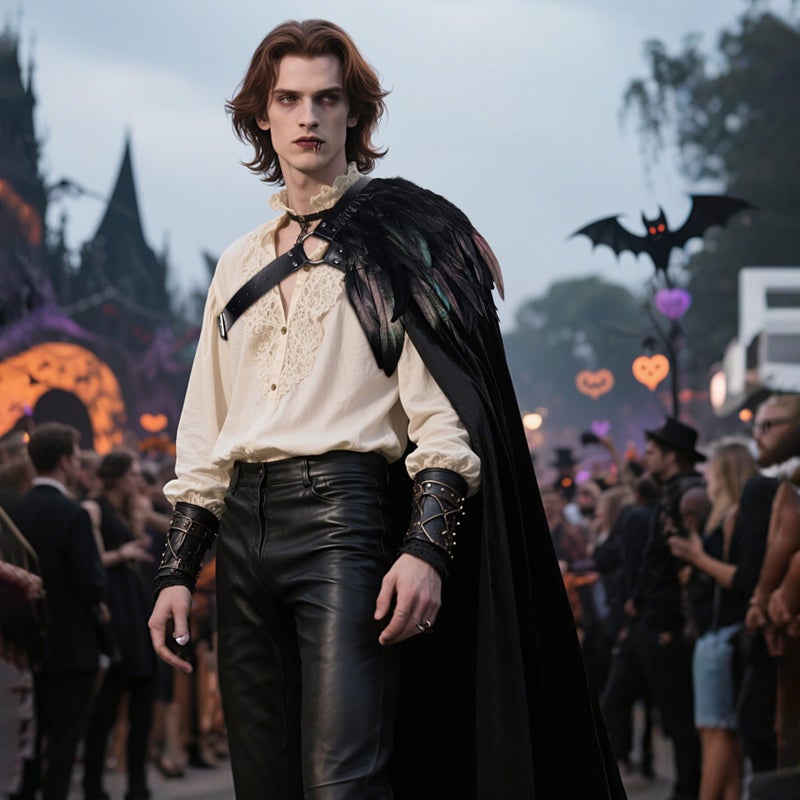 L'VOW Gothic Black Half Cape Renaissance One Shoulder Cloak with Feather Men Women Halloween Cosplay Medieval Costume - Image 3