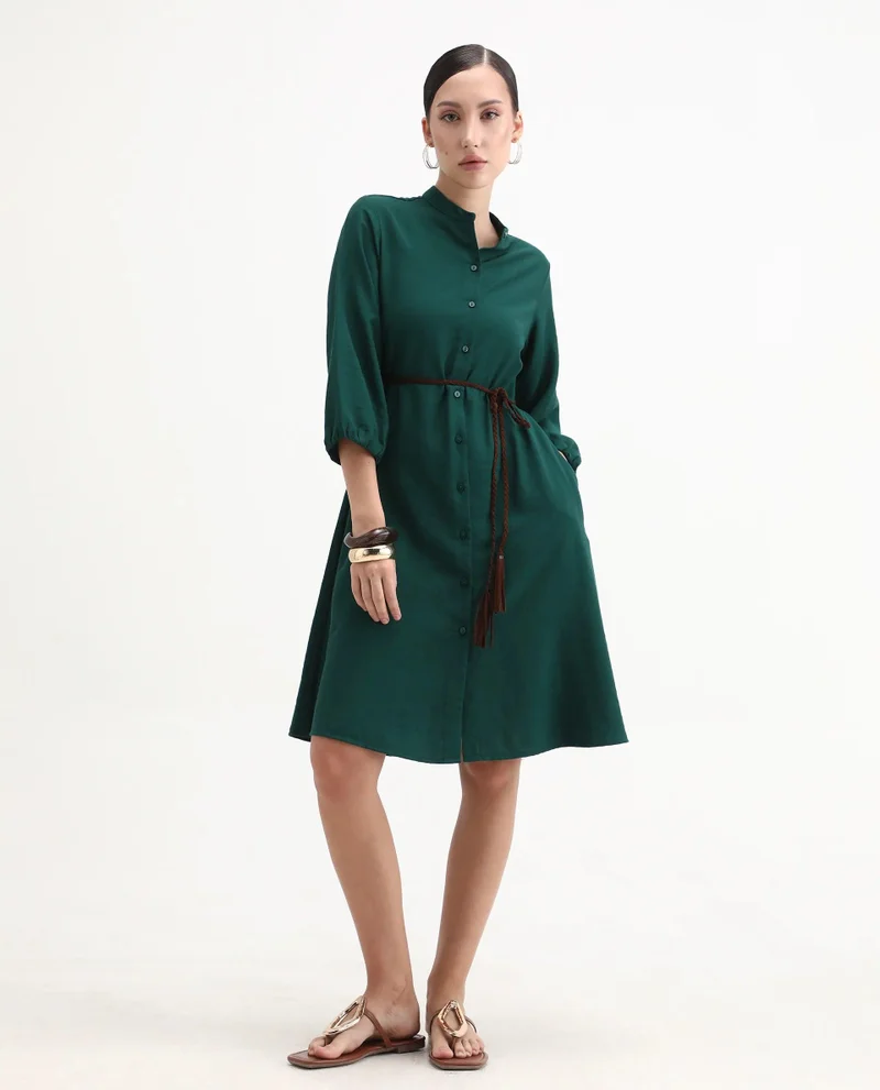 Rareism Rareism Women Eliah Green Bishop Sleeve Mandarin Collar Button Closure A-Line Knee Length Plain Dress