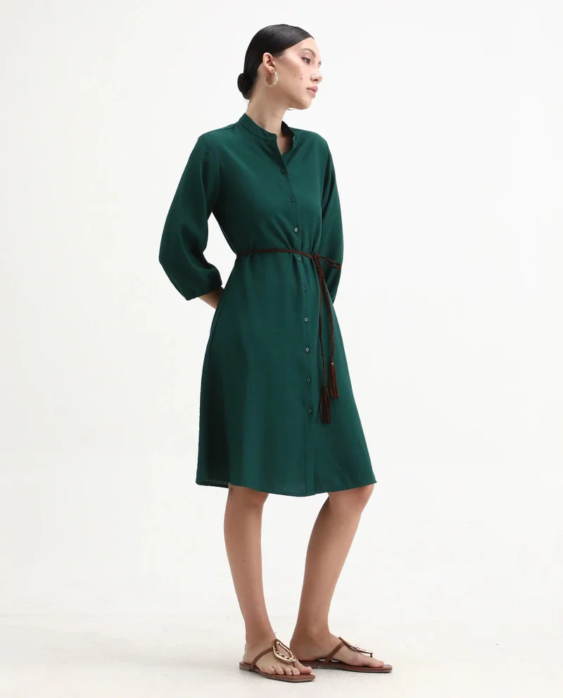 Rareism Rareism Women Eliah Green Bishop Sleeve Mandarin Collar Button Closure A-Line Knee Length Plain Dress