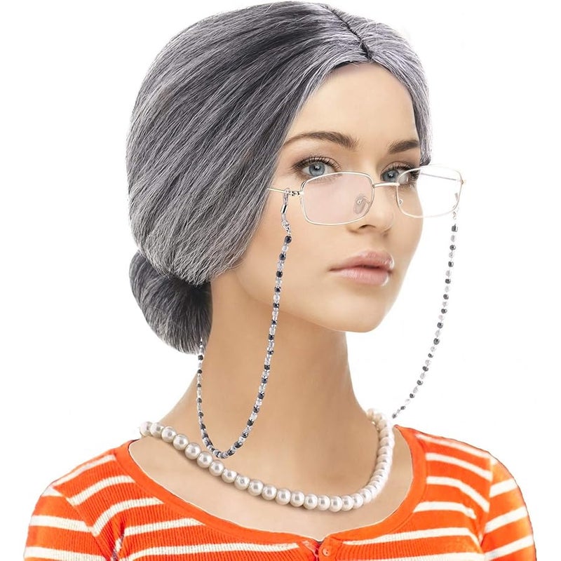 Feacole Old Lady Custume Set-Grandmother Wig,Wig Caps,Madea Granny Glasses, Eyeglass Retainer Chain,Pearl Necklace(5 Pieces) Fits All (Style-8) - Image 2