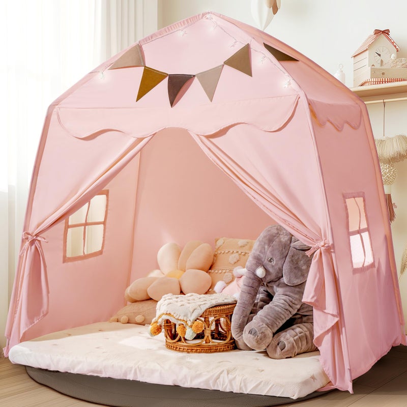 Extra Large Toddler Bed Tent Kids Play Tent Bed Tent with Flags Star Lights Portable Foldable Teepee Indoor Outdoor Dome Tent Playhouse 59x39x59 inPink