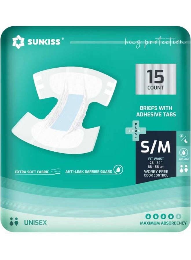 حفاضات SUNKISS TrustPlus للبالغين مع امتصاص أقصى، حفاضات غير قابلة للاستخدام للذكور والإناث، تحكم في الروائح، صغير/متوسط، 15 قطعة