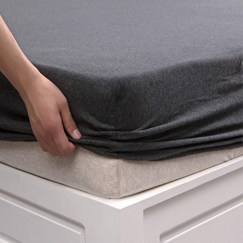 PURE ERA Jersey Knit Cotton Fitted Bottom Sheet ONLY No Flat Sheet or Shams Deep Pocket Up to 15 to 20 Ultra Soft Comfy Breathable Charcoal Grey Queen