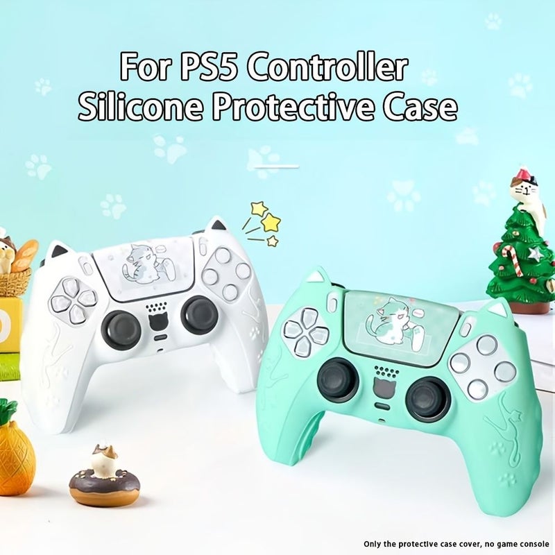 Soft Cat Ear Cover for PS5 Controller Green with Sticker and Thumbstick Caps - Image 3