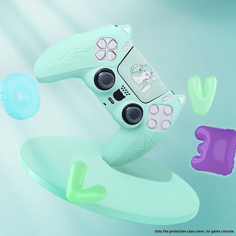 Soft Cat Ear Cover for PS5 Controller Green with Sticker and Thumbstick Caps - Image 2