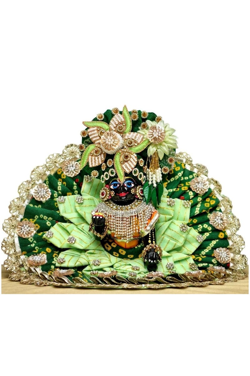Laddu Gopal Kanha ji Fancy Dress Poshak for Janmashtami Full Jarkan Heavy Dress Decorative Laddu Gopal Dress, Traditional Krishna Poshak with Embellished Design, Green and Gold ; Size is 8 inches, comes with matching pagdi.