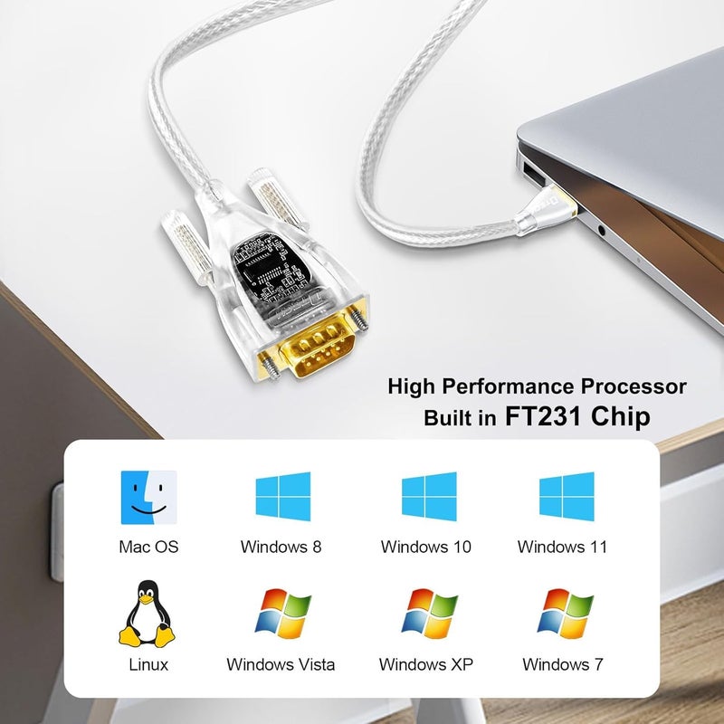D-tech USB to Serial Adapter Features FTDI Chip DB9 9 Pin RS232 to USB Cable FT231 Chipset Support Windows 11 10 8 7 XP Mac OS Linux Data Lights Detect (1.0M) - Image 3