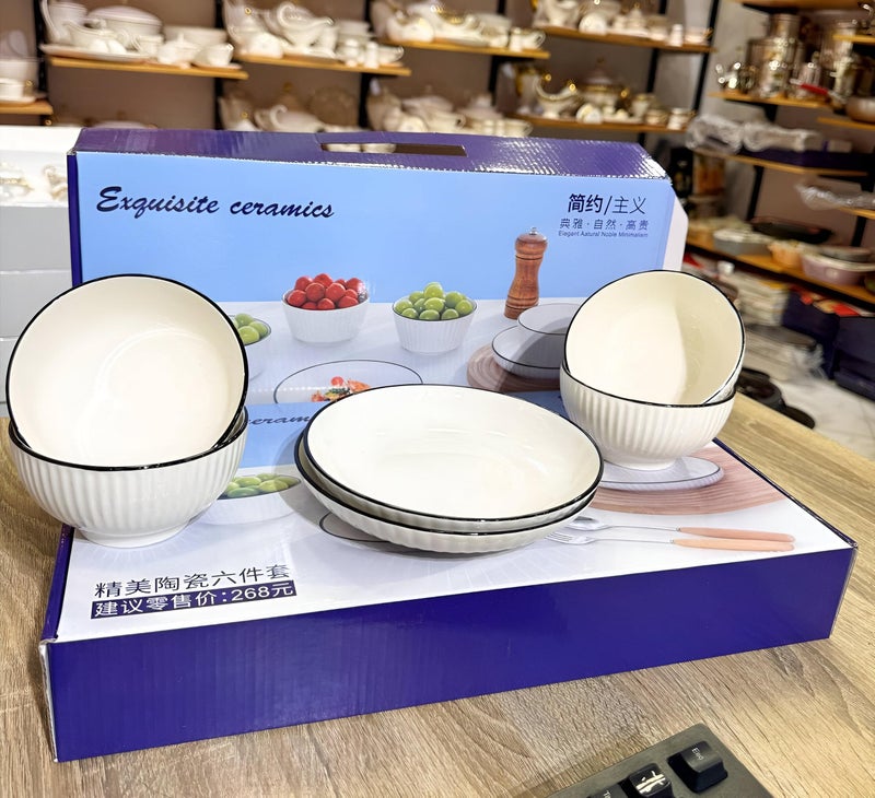 Breakfast kit-6-piece polygonal porcelain kit for aesthetic serving, safe to use in microwave and dishwasher, contains a bowl and a flat dish with a high-end serving tray - Image 5