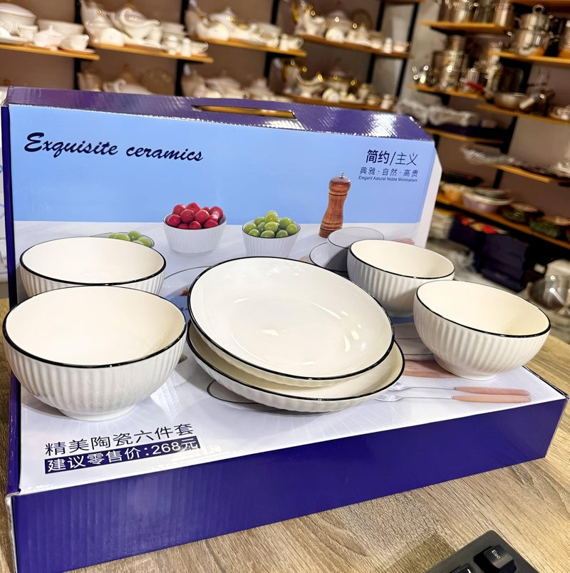 Breakfast kit-6-piece polygonal porcelain kit for aesthetic serving, safe to use in microwave and dishwasher, contains a bowl and a flat dish with a high-end serving tray - Image 1