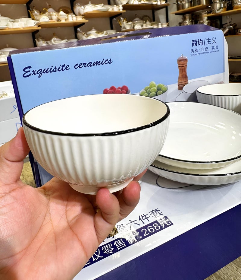 Breakfast kit-6-piece polygonal porcelain kit for aesthetic serving, safe to use in microwave and dishwasher, contains a bowl and a flat dish with a high-end serving tray - Image 3