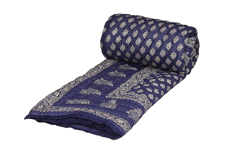 SVT Golden Floral Print Blue Double Bed Jaipuri Silk Quilt - Image 2