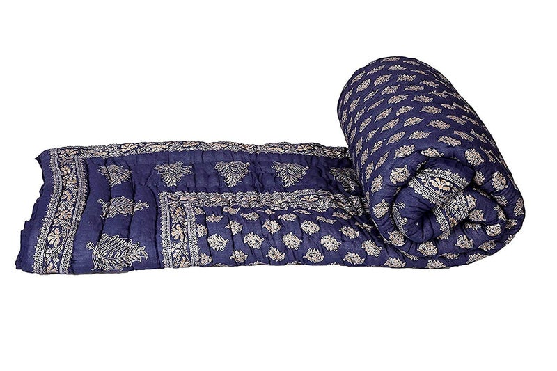 SVT Golden Floral Print Blue Double Bed Jaipuri Silk Quilt - Image 1