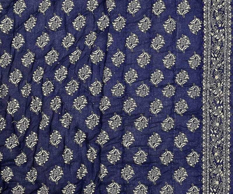 SVT Golden Floral Print Blue Double Bed Jaipuri Silk Quilt - Image 3