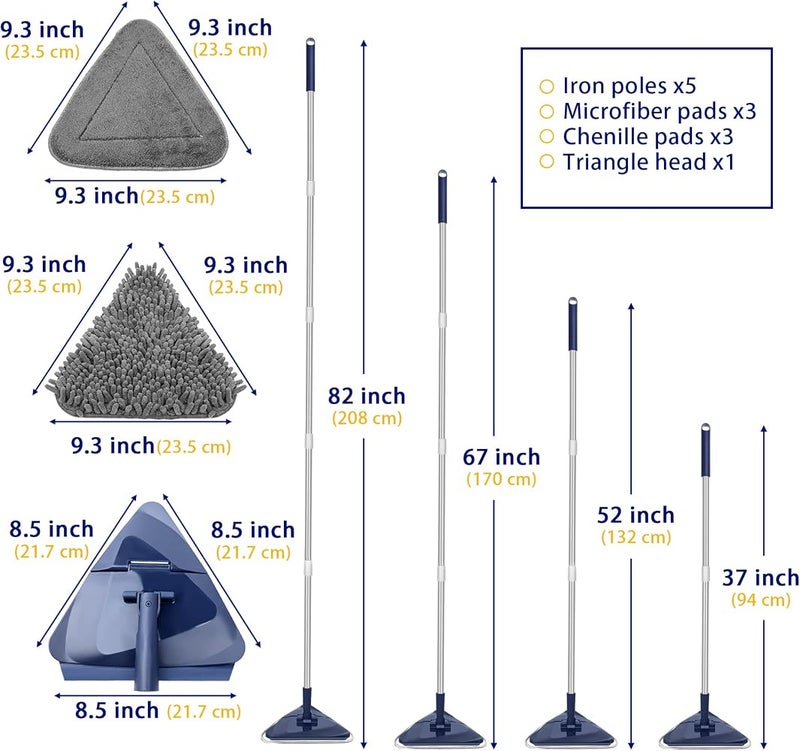 TRENNCHI Wall Mop with 82 Inches Long Handle, 360° Rotating Triangle Mop Head with Microfiber Pads, Built-in Window Squeegee for Cleaning Walls, Ceilings, Baseboards, and Windows - Image 5