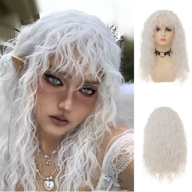 Dai Cloud White Wigs with Bangs for Women Long Curly Wavy Soft Cosplay Halloween Costume Anime Wig - Image 1