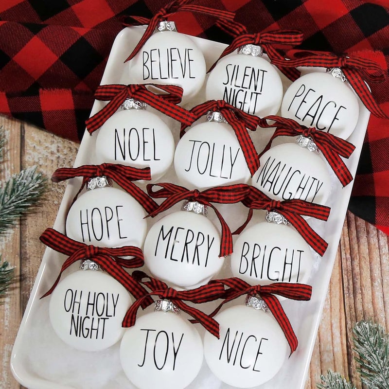 ORIENTAL CHERRY Christmas Ornaments - Set of 12 Shatterproof White Bulbs Adorned with Buffalo Plaid Bows - Rustic Farmhouse Christmas Tree Decorations for Xmas Tree Decor - Image 1