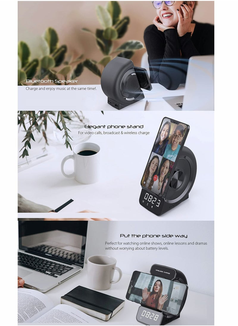 Excefore - Bluetooth Speaker with Wireless Charger Stand Alarm Clock FM Radio HiFi Sound Quality Stereo Sound Wireless and Wired Charging Simultaneously for iPhone and Android Phone - Image 1