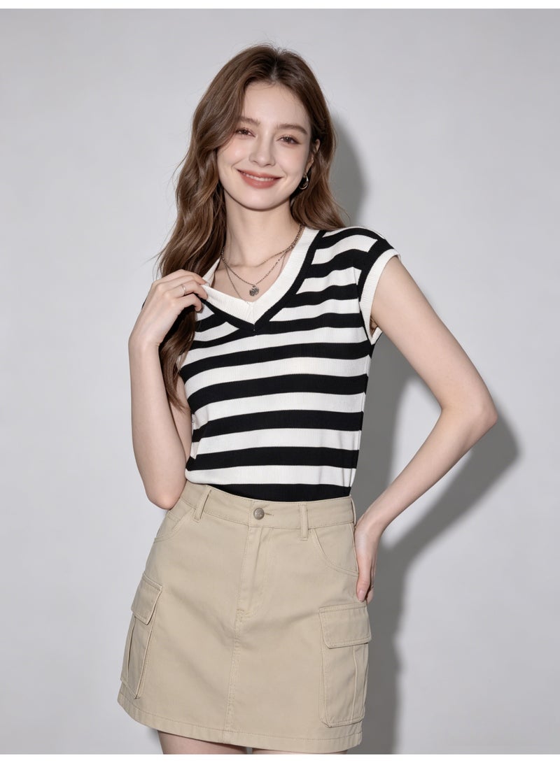 زارا ZARA Women’s Striped V-Neck Cap Sleeve Knit Tank Top - Image 1