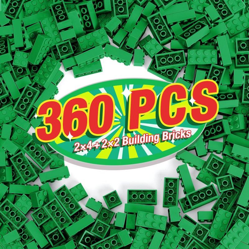 MANNIDOO 360 Pieces Building Bricks Classic Basic Flats Parts and Pieces 2x4 Brick x200 and 2x2 Brick x160 Moc Building Bulks Compatible with All Major Brands Green - Image 4